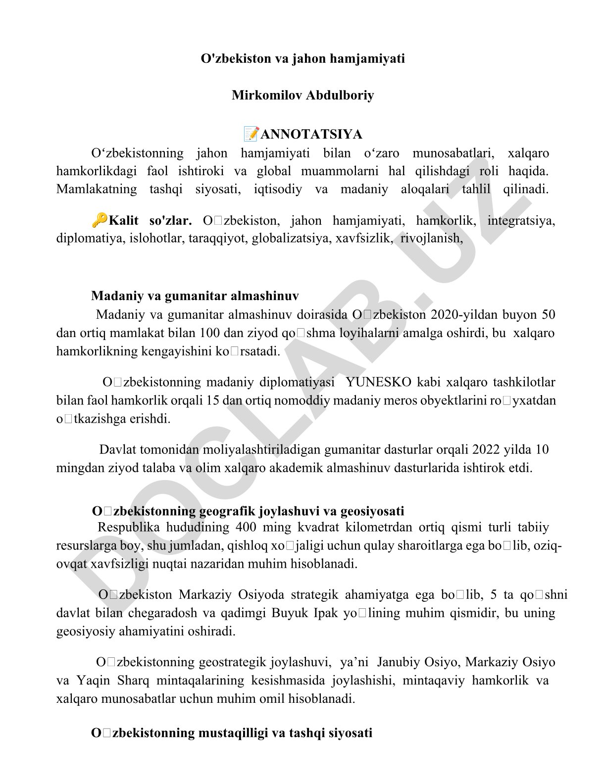 O'zbekistonning jahon hamjamiyati bilan munosabatlari va xalqaro hamkorligi