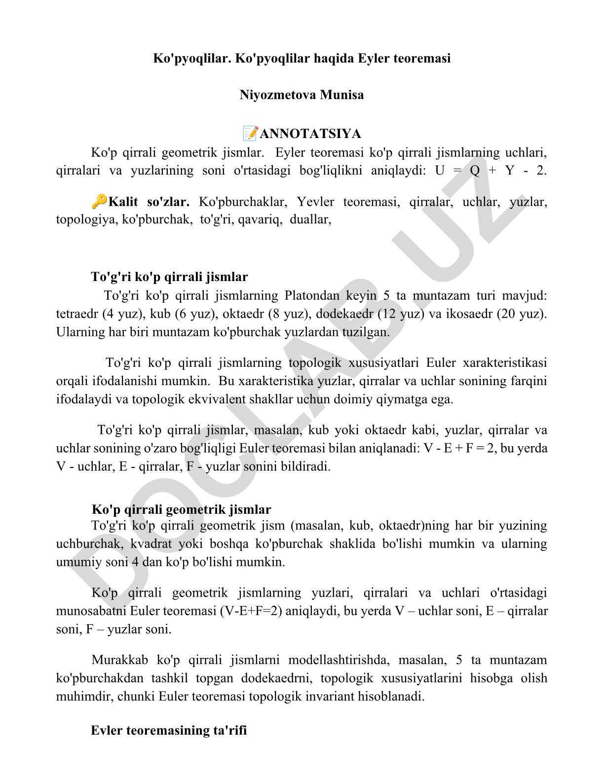 Ko'pyoqlilar haqida Eyler teoremasi
