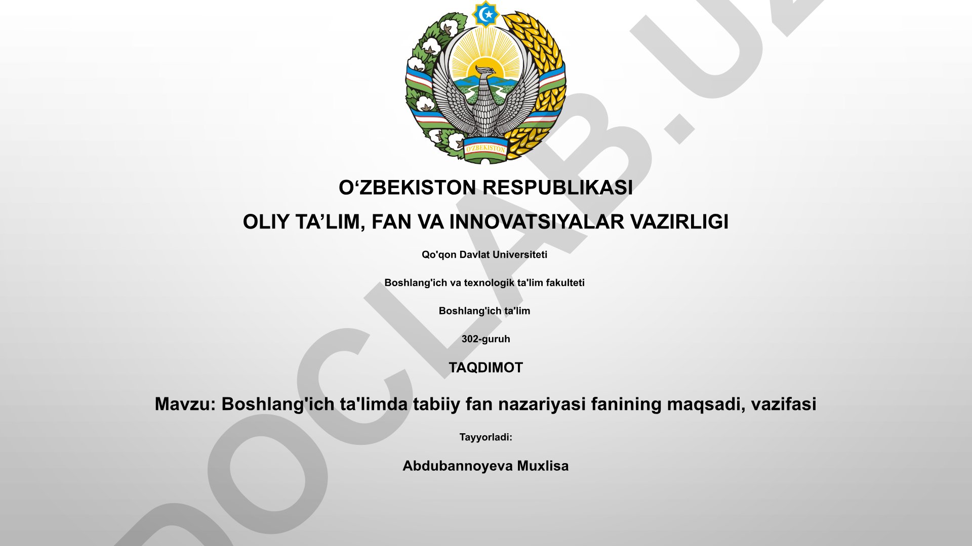 Boshlang'ich ta'limda tabiiy fan nazariyasi fanining maqsadi, vazifasi