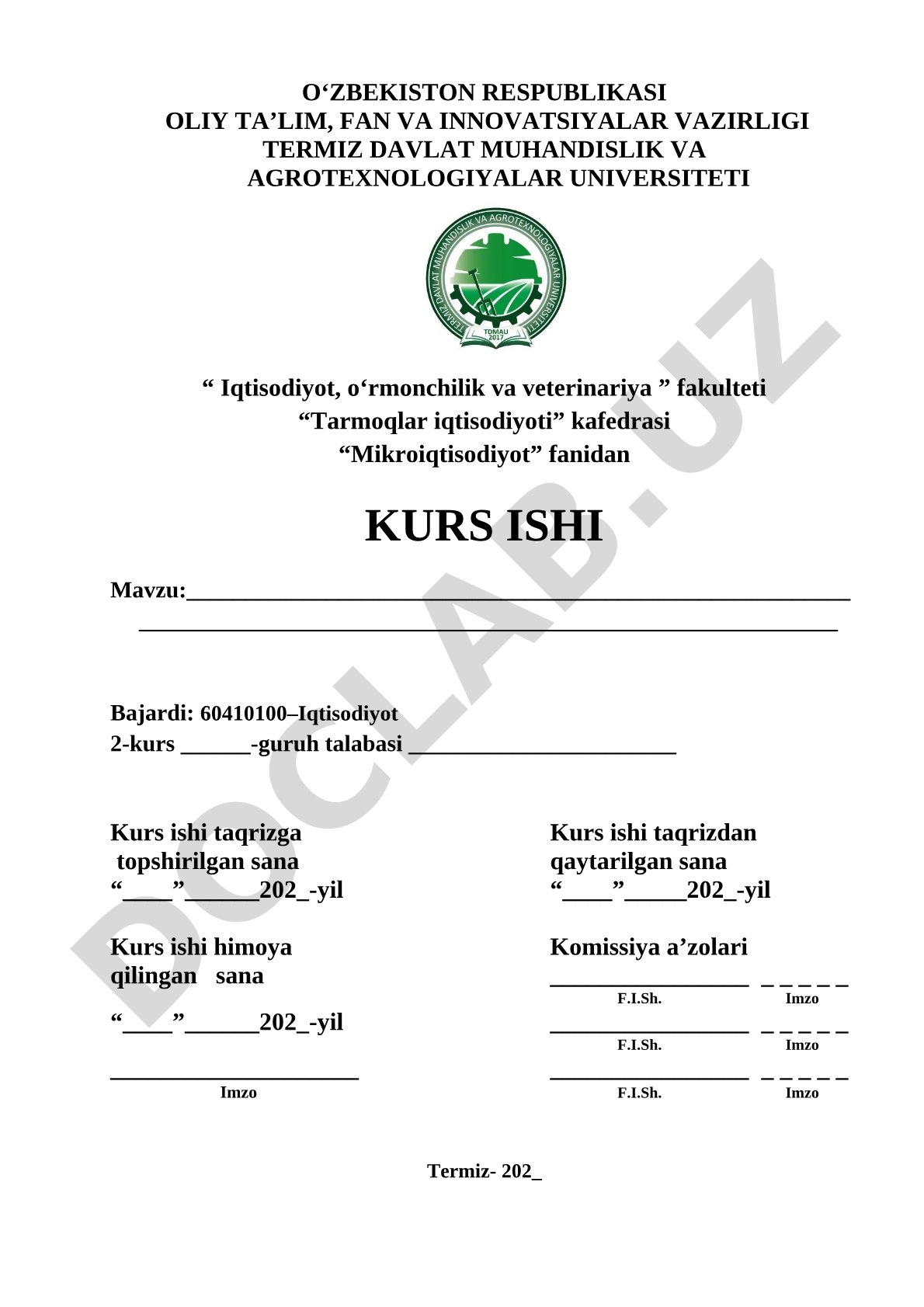 Mikroiqtisodiyot fanidan kurs ishi