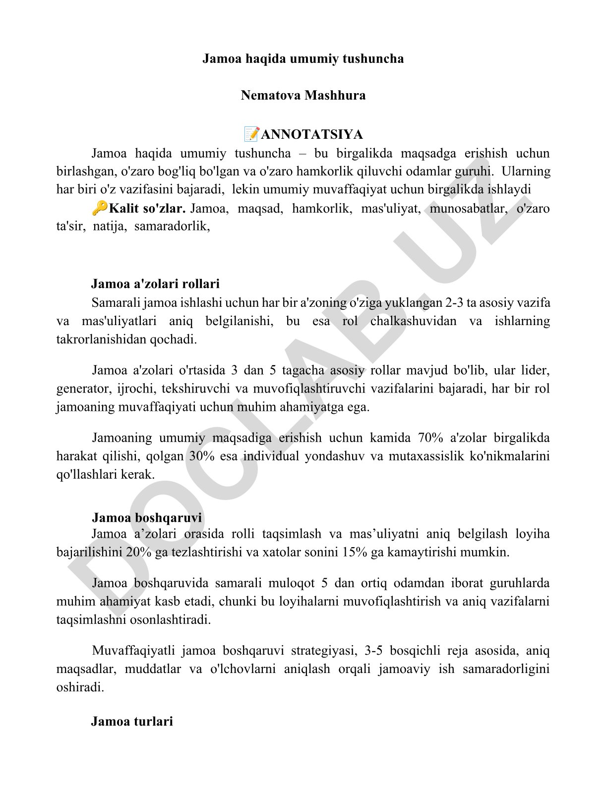 Jamoa haqida umumiy tushuncha