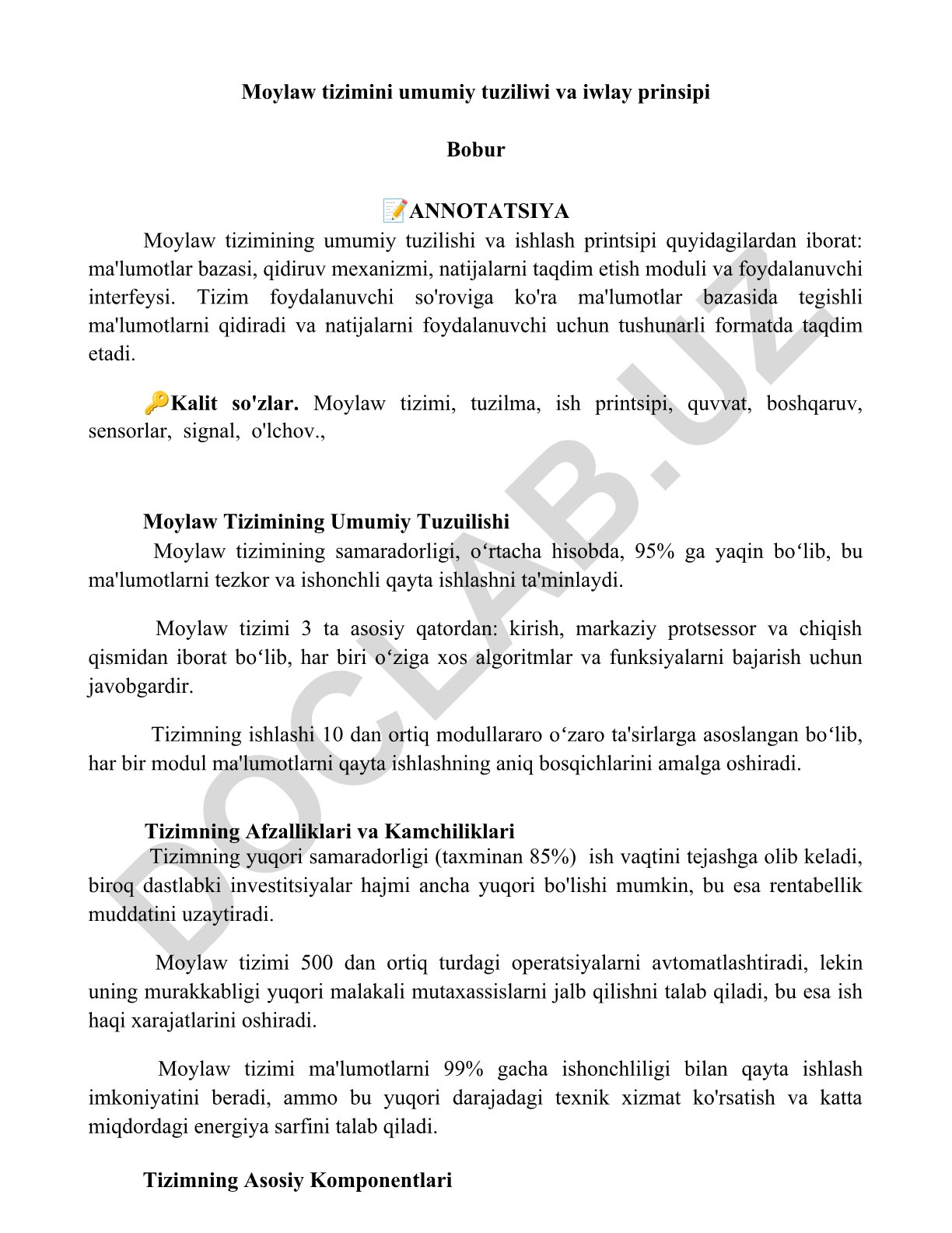 Moylaw tizimining umumiy tuzilishi va ishlash printsipi
