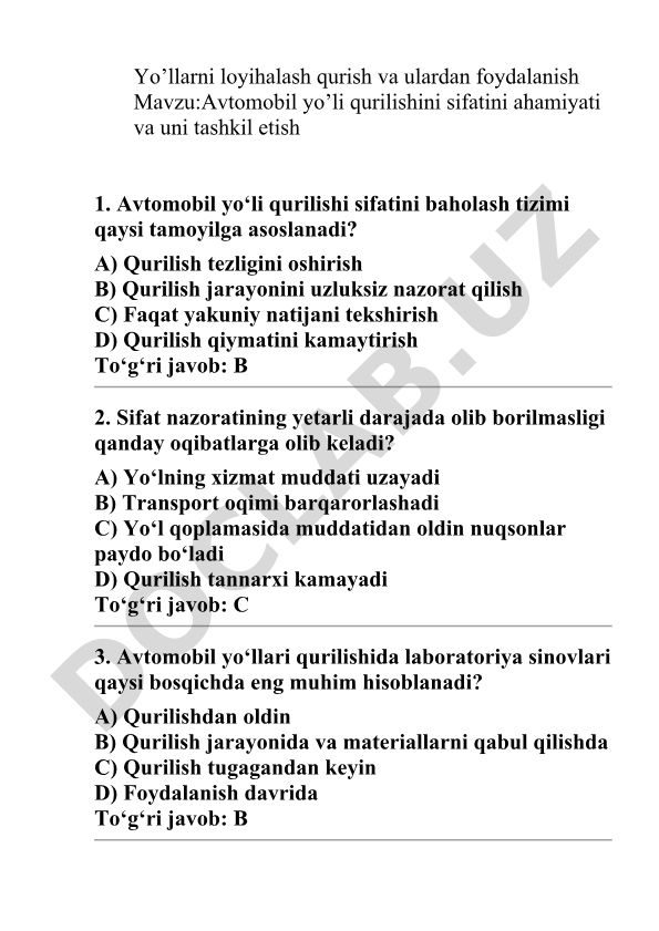 Avtomobil yo'li qurilishini sifatini ahamiyati va uni tashkil etish