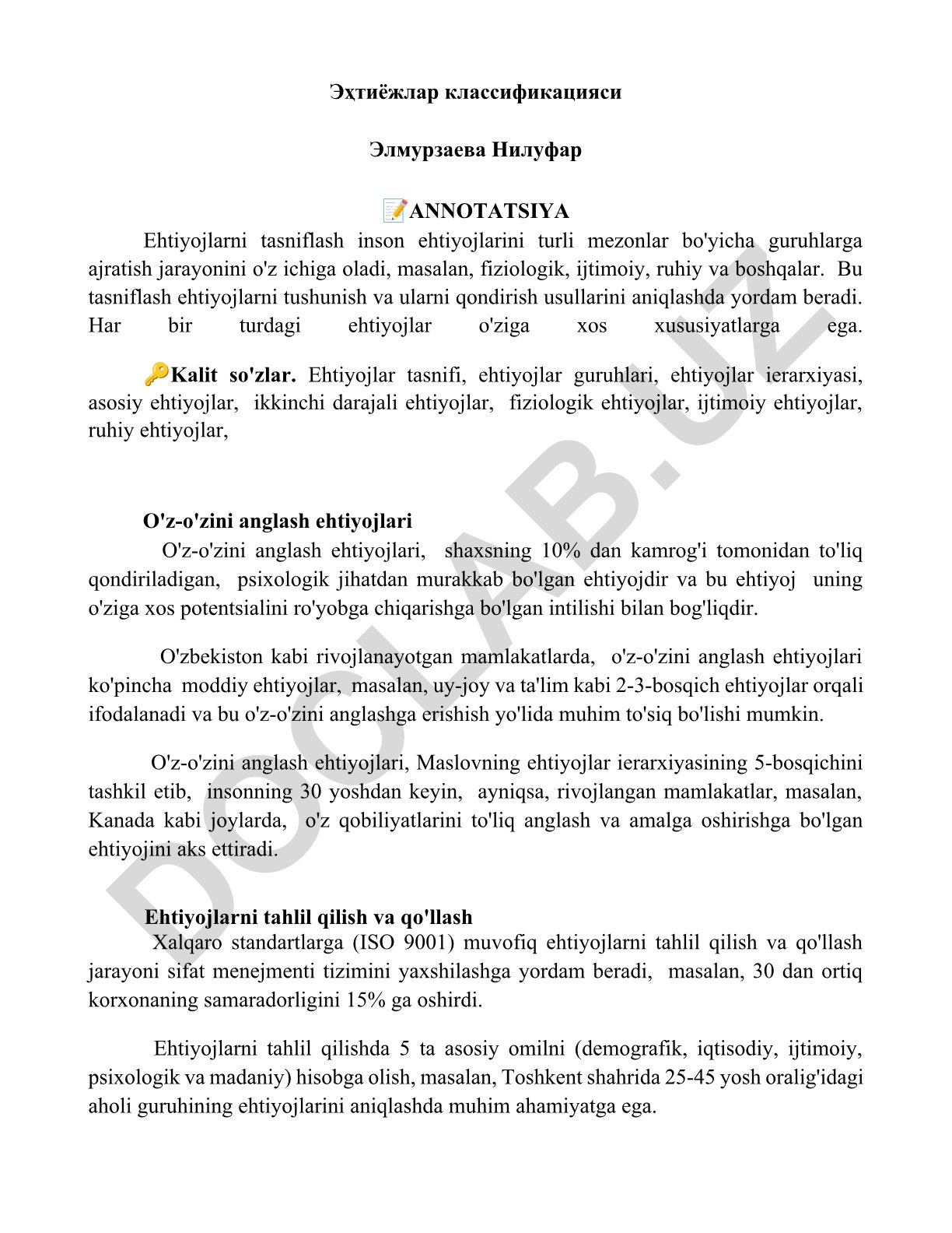 Ehtiyojlar tasnifi va o'z-o'zini anglash ehtiyojlari