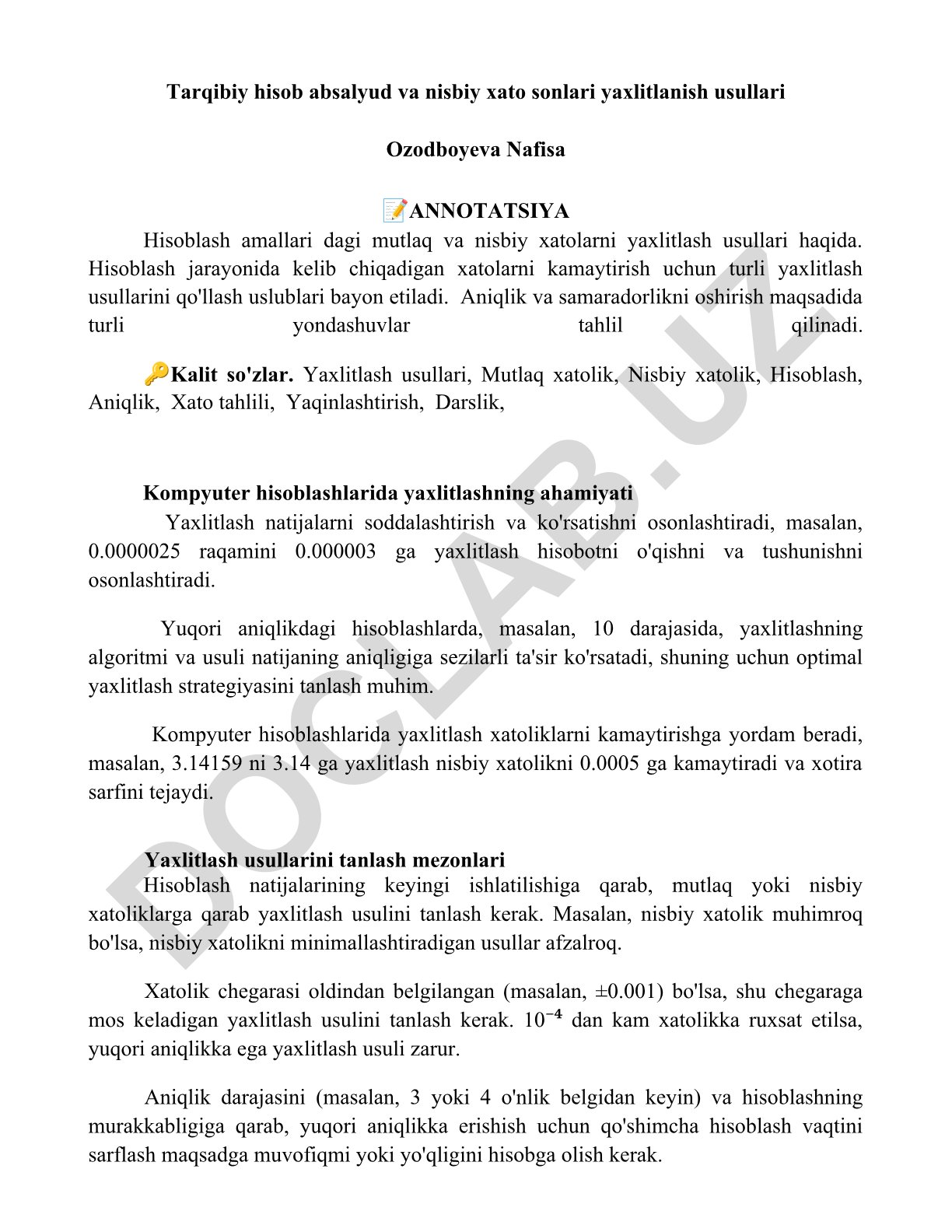 Tarqibiy hisob absalyud va nisbiy xato sonlari yaxlitlanish usullari