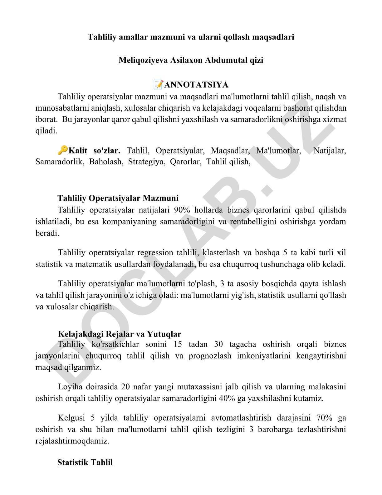 Tahliliy operatsiyalar mazmuni va ularni qo'llash maqsadlari