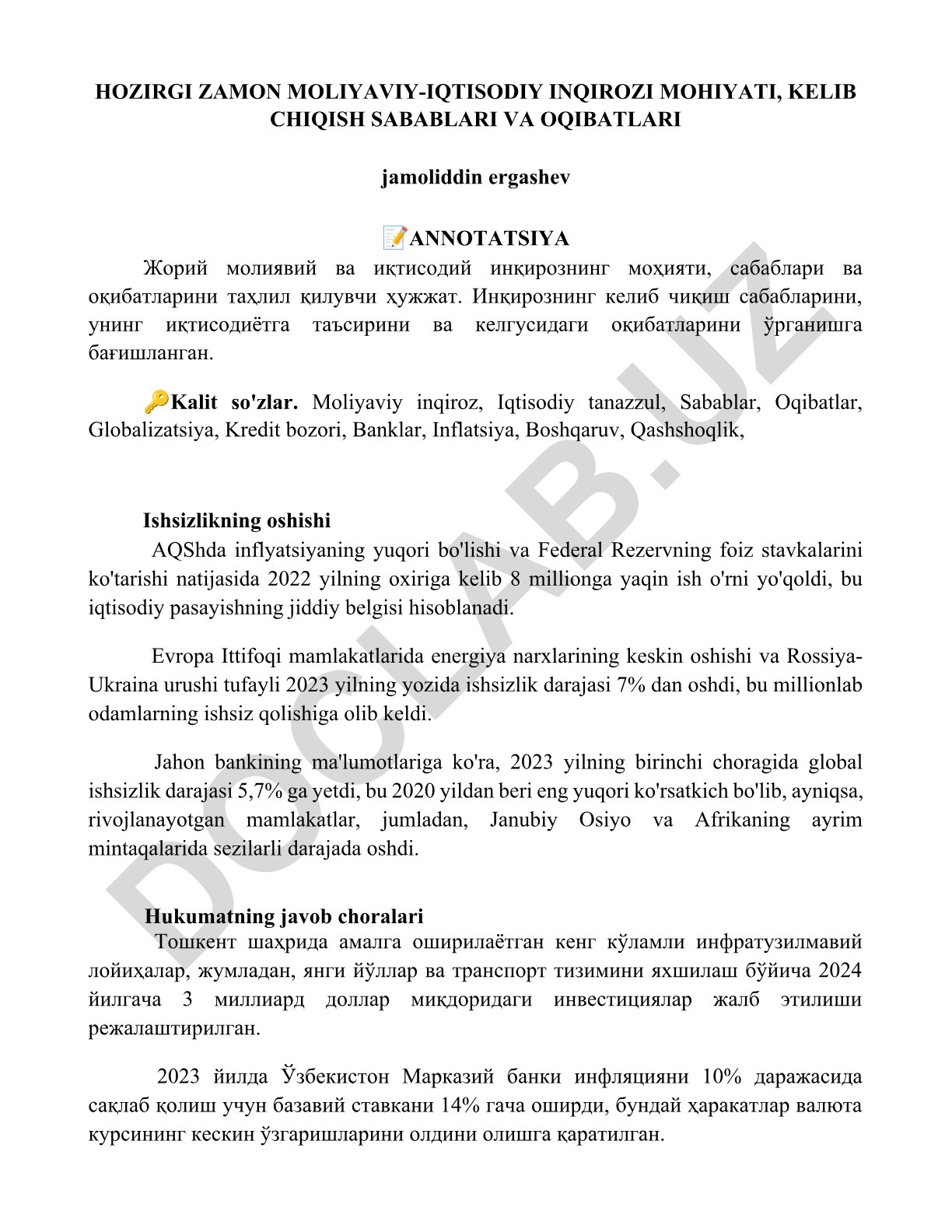 Hozirgi zamon moliyaviy-iqtisodiy inqirozi mohiyati, kelib chiqish sabablari va oqibatlari