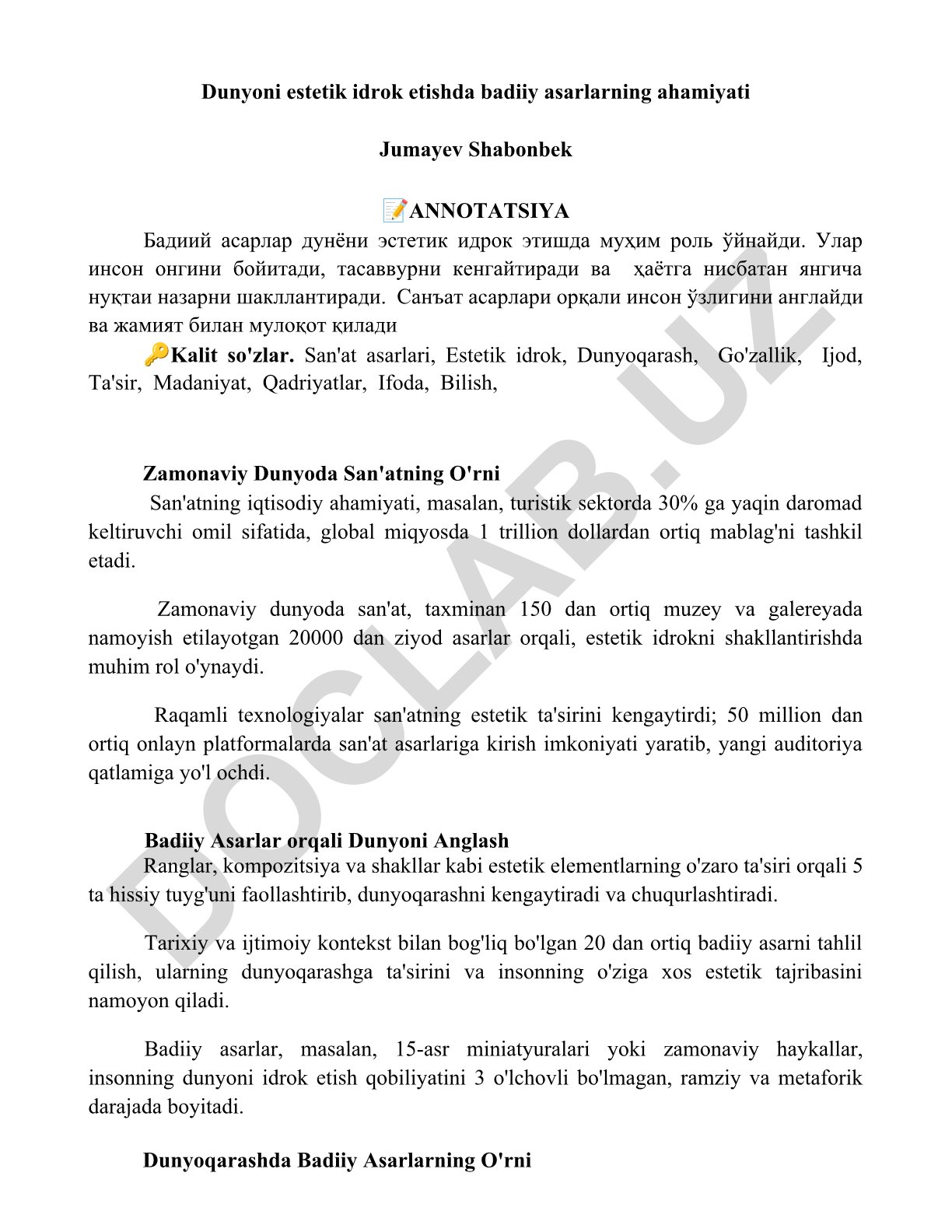 Dunyoni estetik idrok etishda badiiy asarlarning ahamiyati