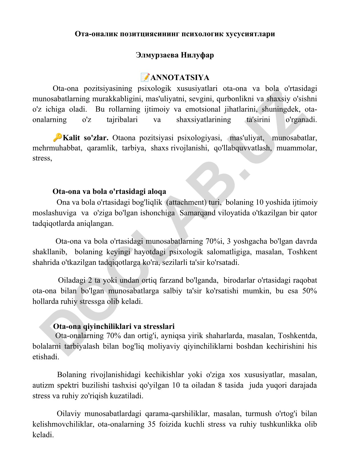 Ota-ona pozitsiyasining psixologik xususiyatlari