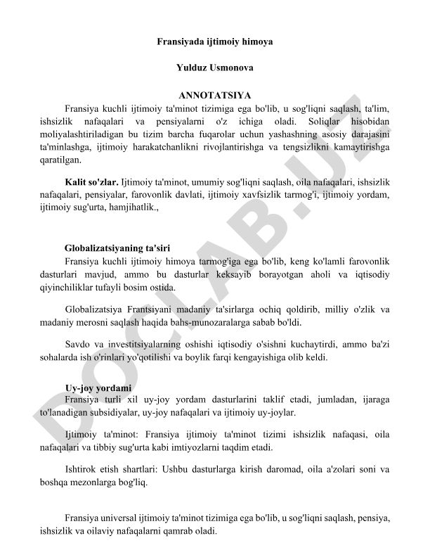 Fransiyada ijtimoiy himoya tizimi va globalizatsiyaning ta'siri