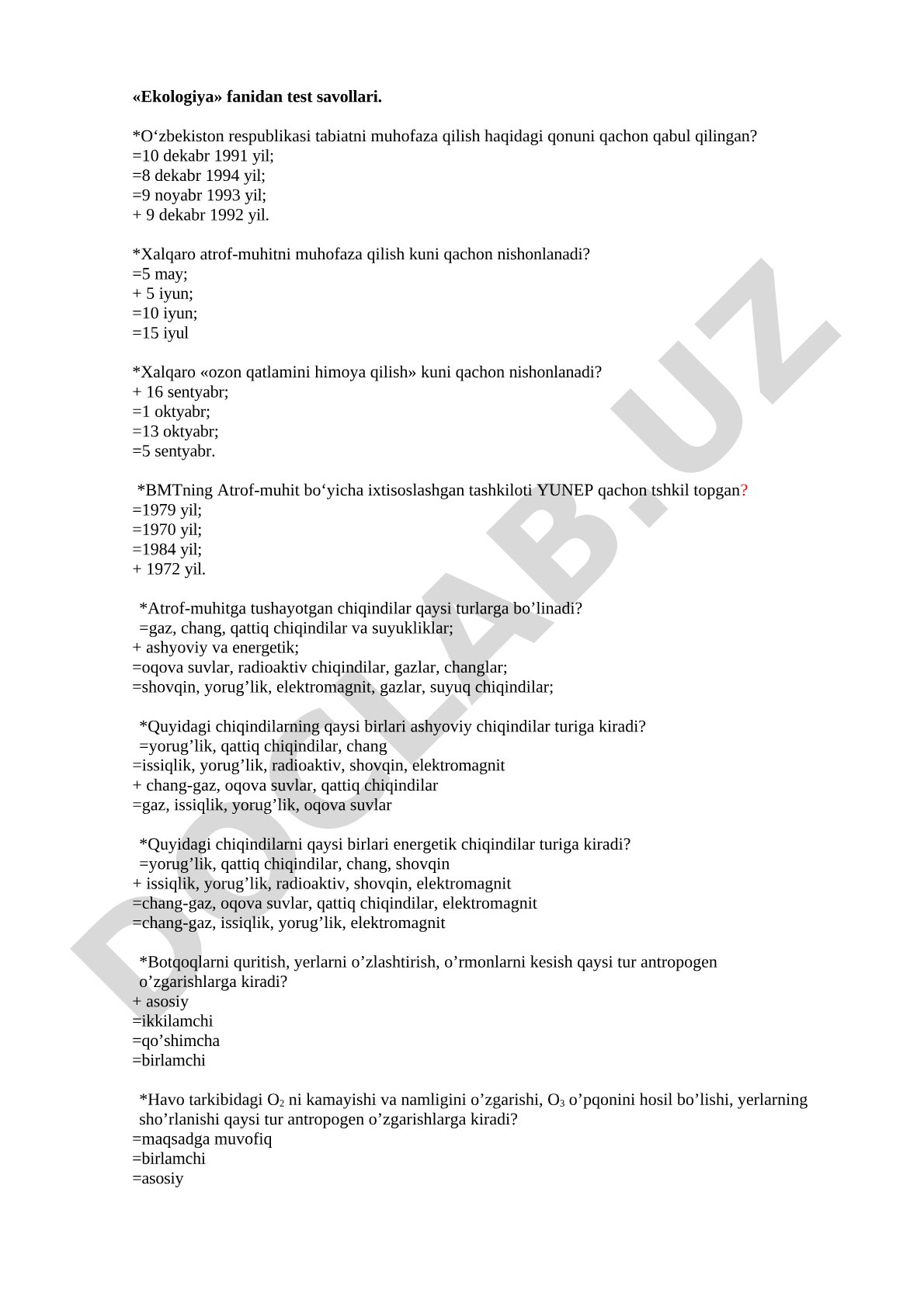 Ekologiya fanidan test savollari