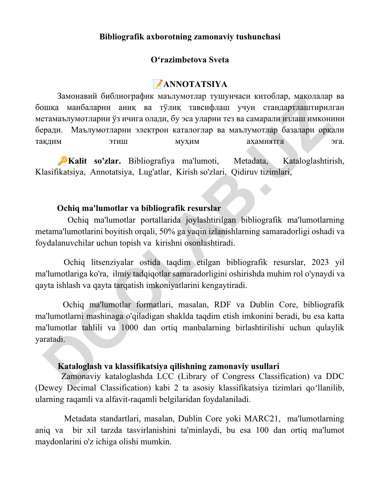 Bibliografik axborotning zamonaviy tushunchasi