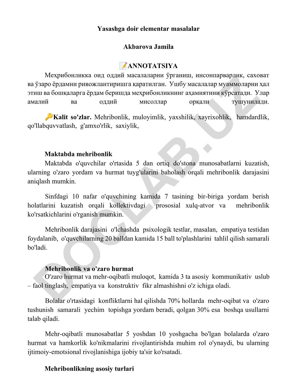 Mehribonlikka oid oddiy masalalar va maktabda mehribonlik darajasini o'lchash