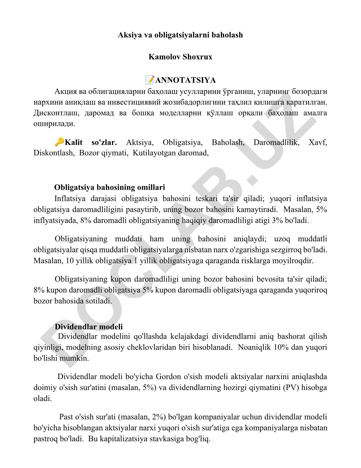 Aksiya va obligatsiyalarni baholash