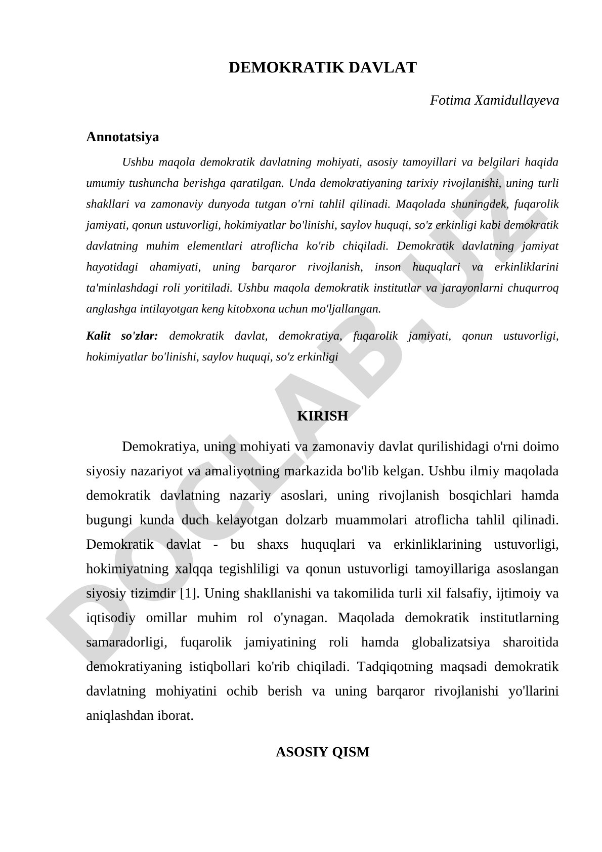 Demokratik davlatning mohiyati va tamoyillari