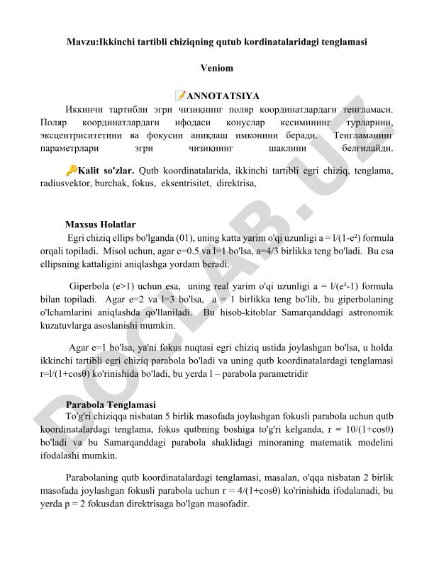 Ikkinchi tartibli chiziqning qutub kordinatalaridagi tenglamasi