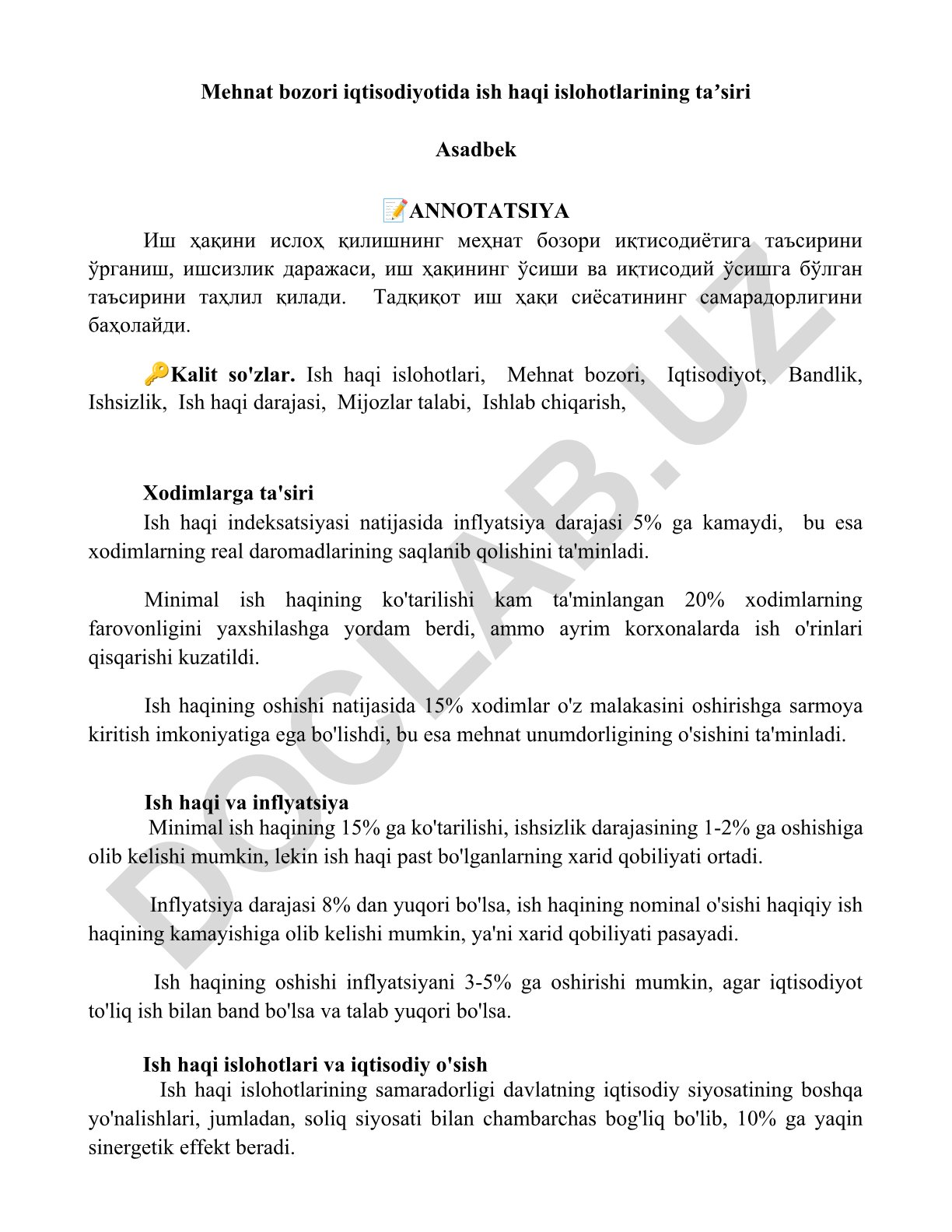 Mehnat bozori iqtisodiyotida ish haqi islohotlarining ta'siri