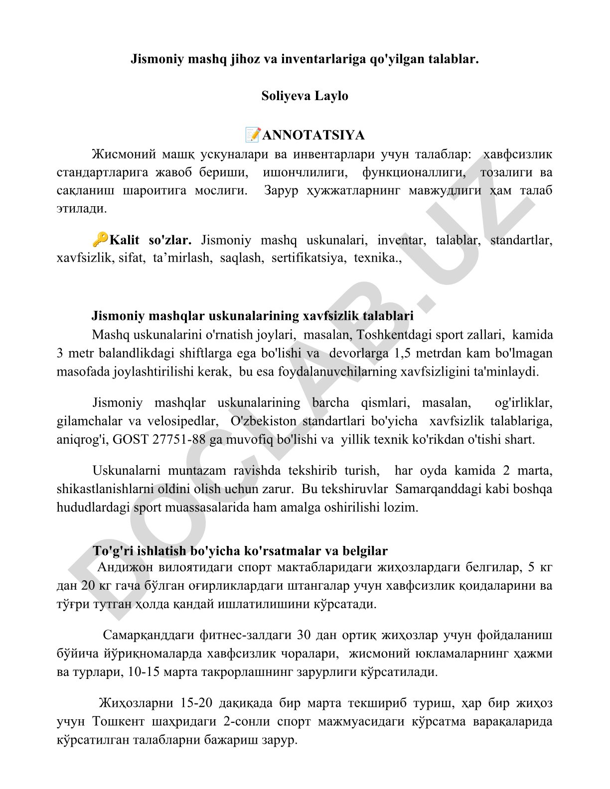 Jismoniy mashq jihoz va inventarlariga qo'yilgan talablar