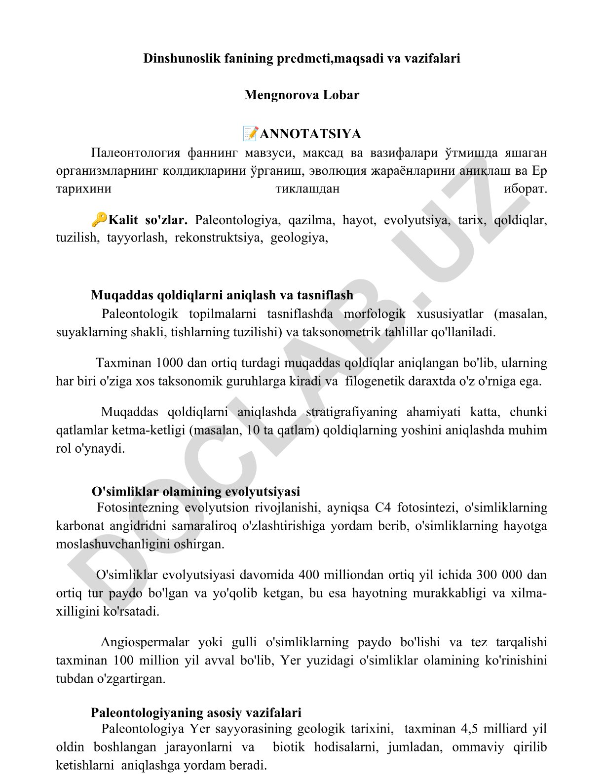 Paleontologiya fanining predmeti, maqsadi va vazifalari
