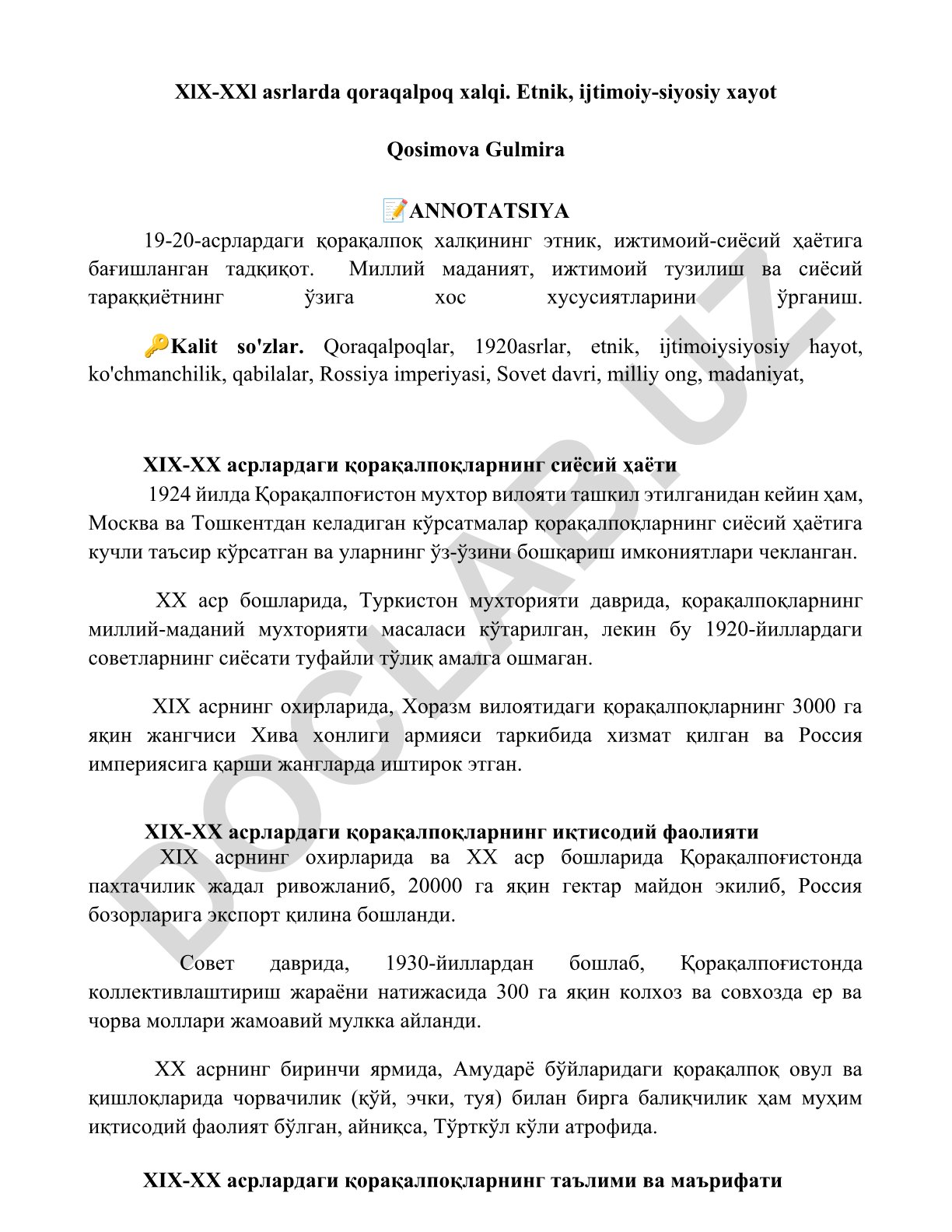 XIX-XX asrlarda qoraqalpoq xalqining etnik, ijtimoiy-siyosiy hayoti