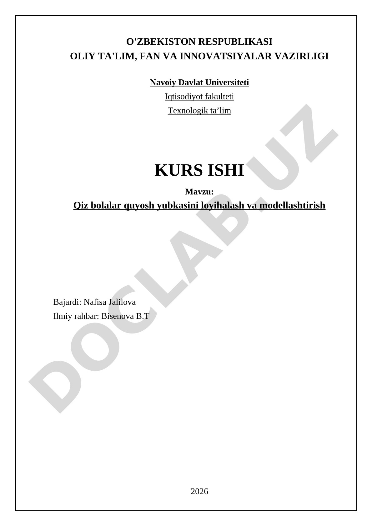 Qiz bolalar quyosh yubkasini loyihalash va modellashtirish