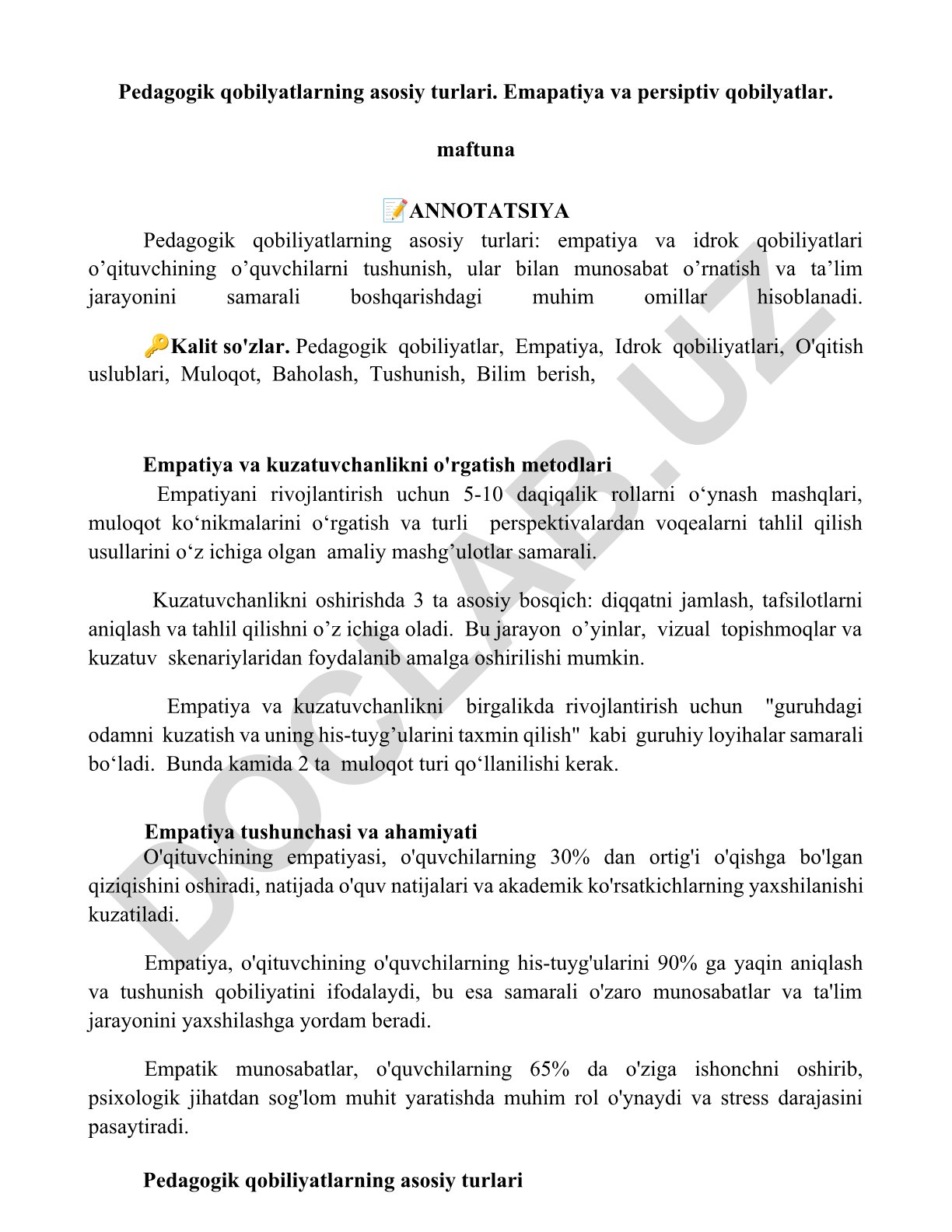 Pedagogik qobilyatlarning asosiy turlari: empatiya va idrok qobiliyatlari