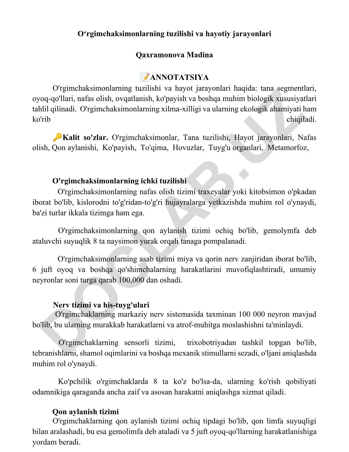 O'rgimchaksimonlarning tuzilishi va hayotiy jarayonlari