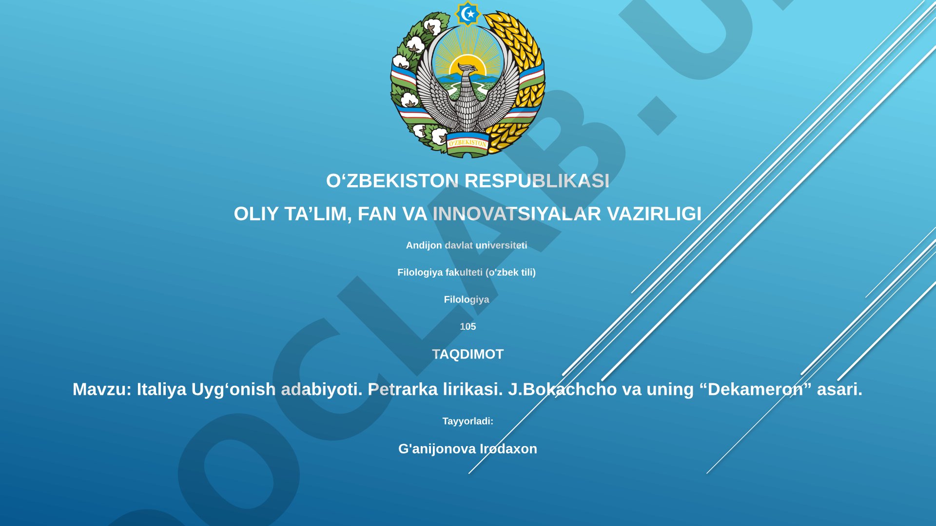 Italiya Uyg‘onish adabiyoti. Petrarka lirikasi. J.Bokachcho va uning “Dekameron” asari