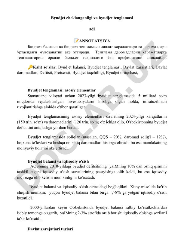 Byudjet balansi va byudjet tenglamasi