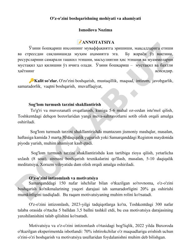 O'z-o'zini boshqarishning mohiyati va ahamiyati