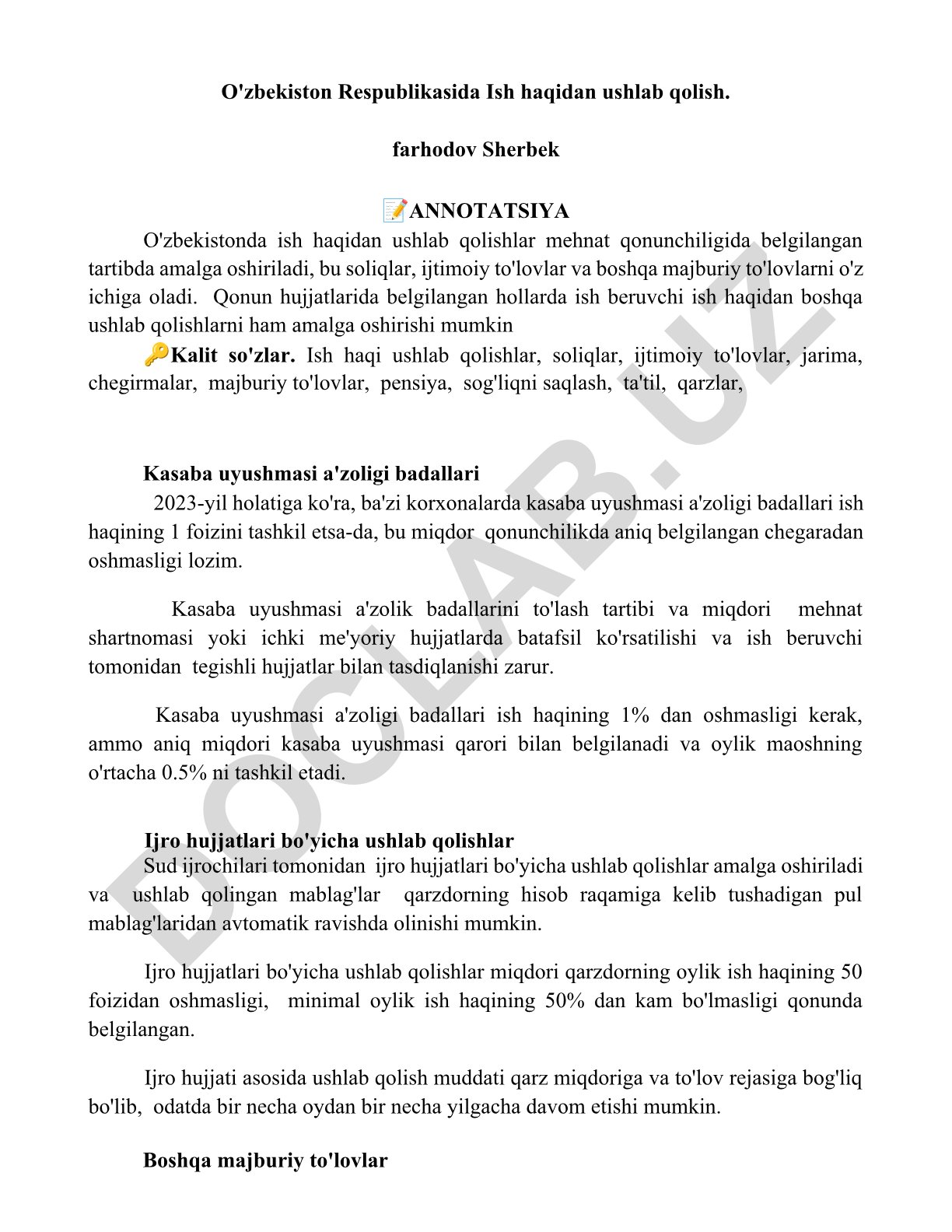 O'zbekistonda ish haqidan ushlab qolishlar va kasaba uyushmasi badallari