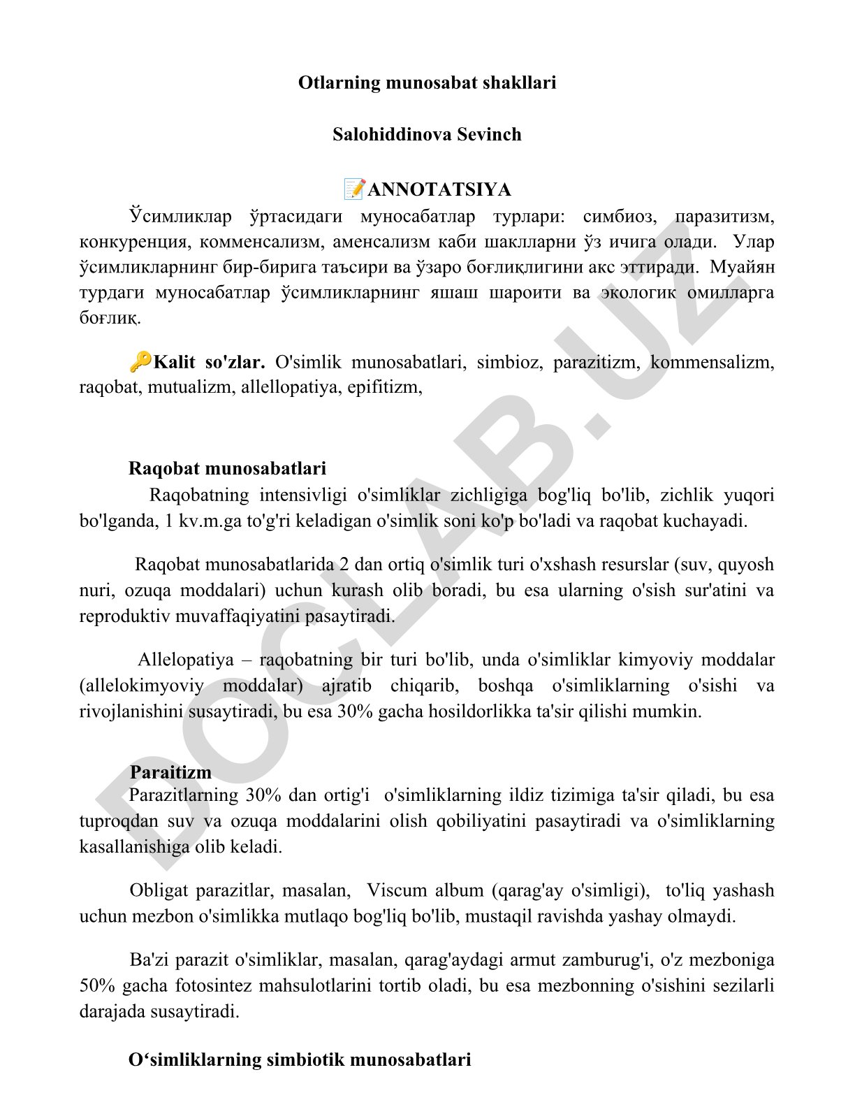 O'simliklar o'rtasidagi munosabat turlari