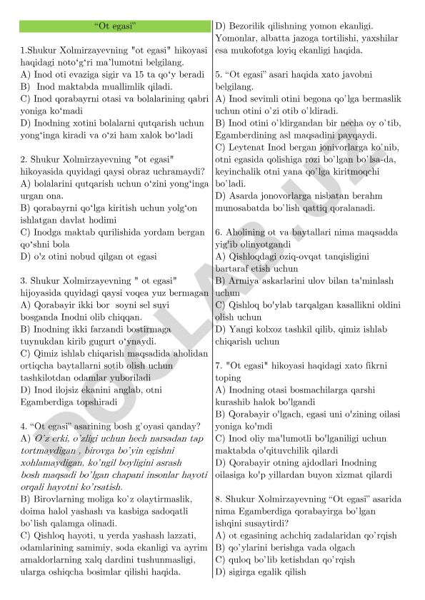 Shukur Xolmirzayevning 'Ot egasi' hikoyasi test savollari