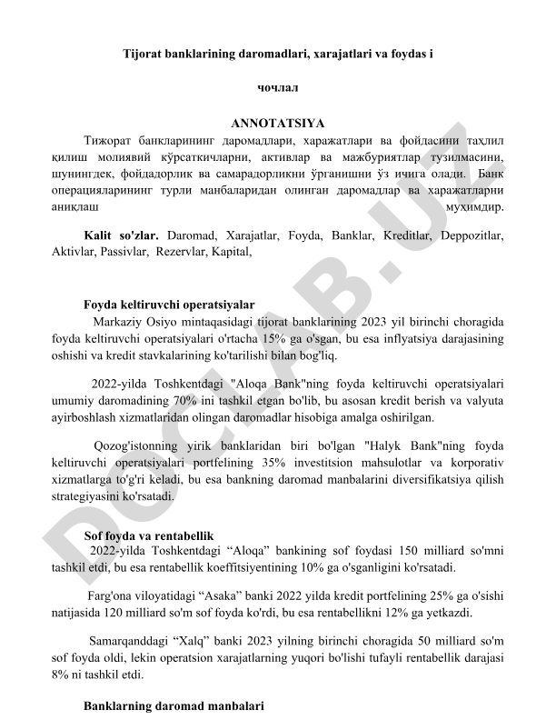 Tijorat banklarining daromadlari, xarajatlari va foydasini tahli qilish