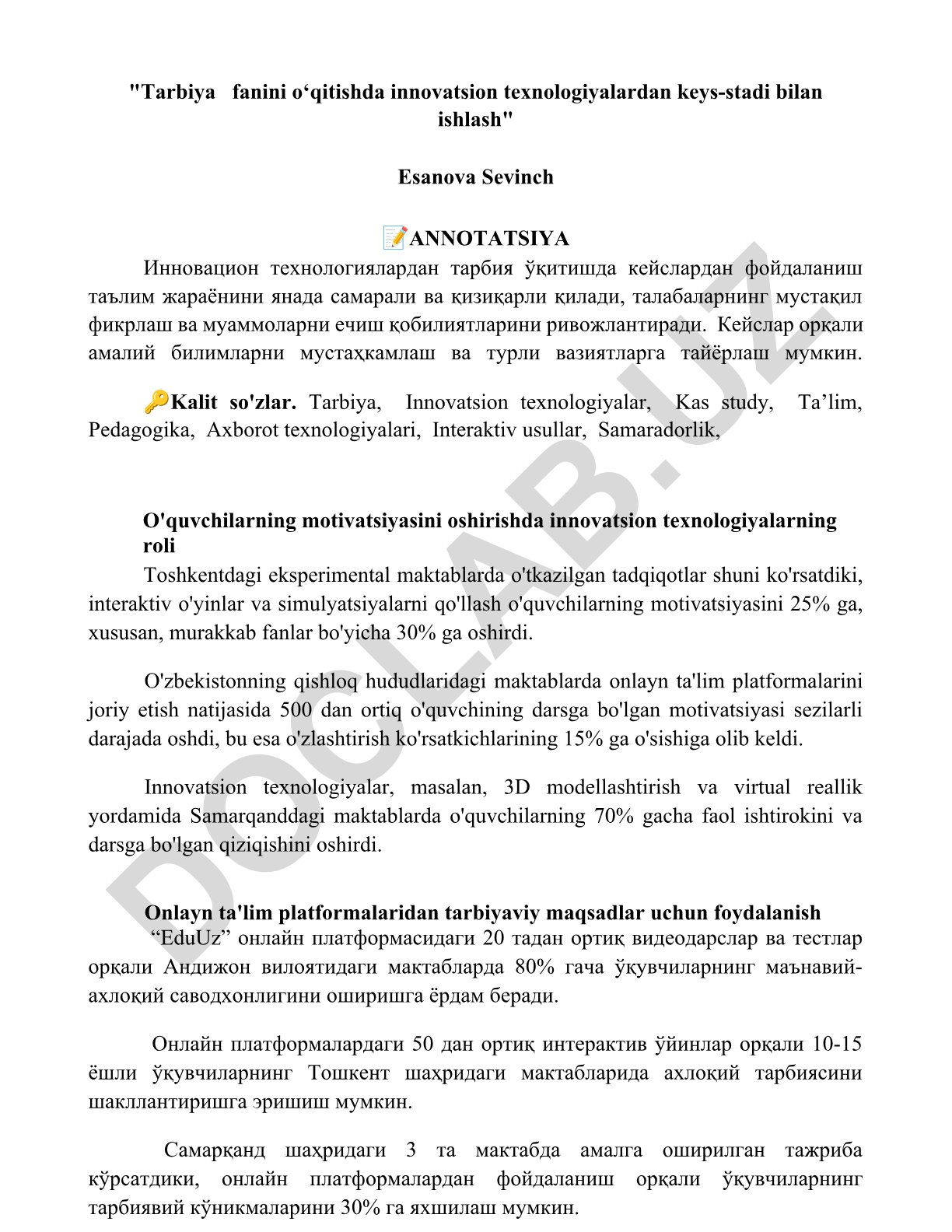 Tarbiya fanini o‘qitishda innovatsion texnologiyalardan keys-stadi bilan ishlash