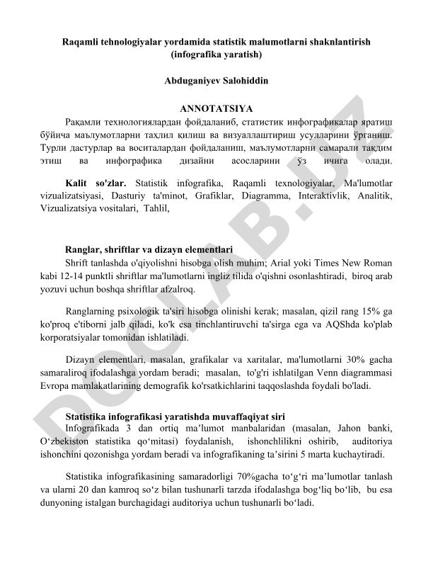 Raqamli tehnologiyalar yordamida statistik ma'lumotlarni shaknlantirish (infografika yaratish)