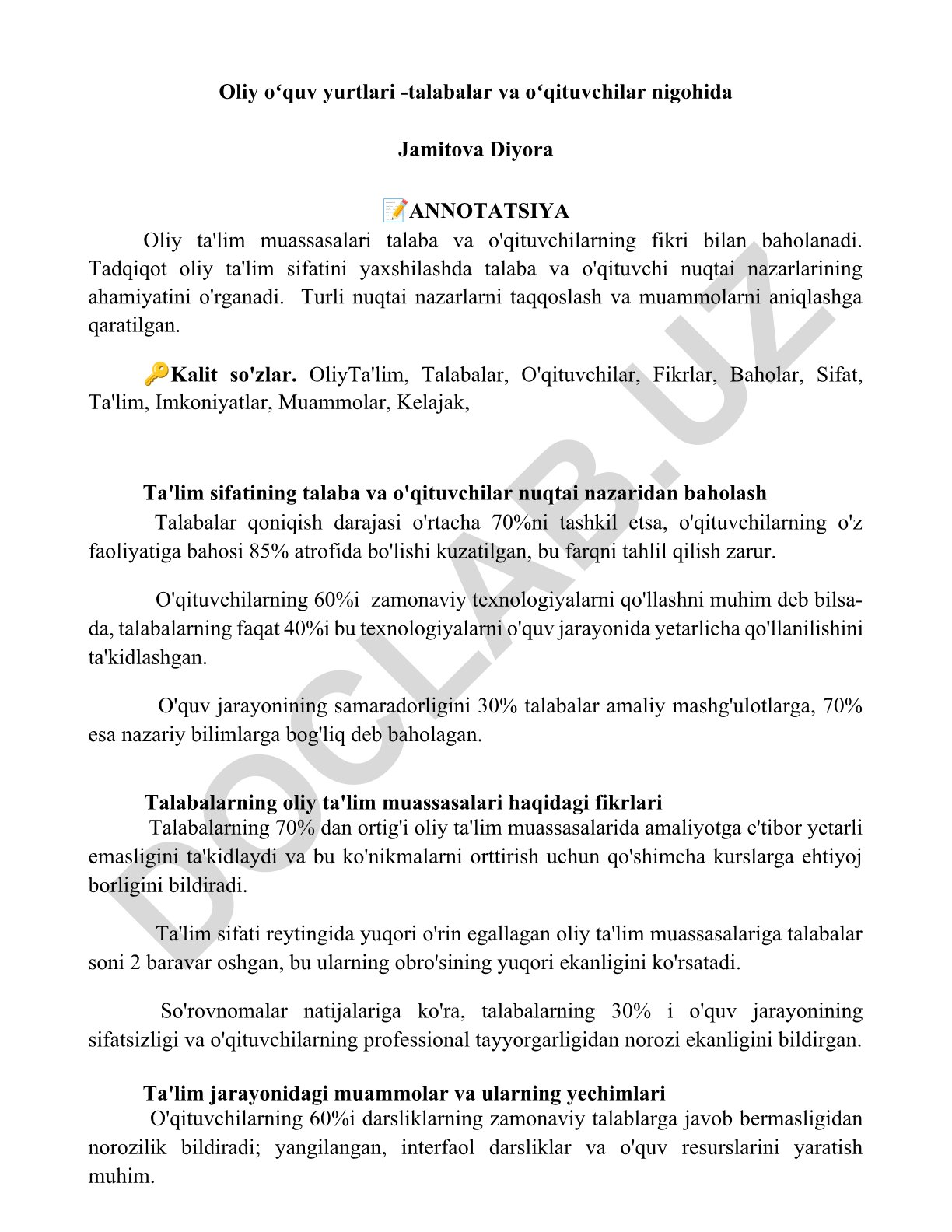 Oliy ta'lim muassasalari talaba va o'qituvchilar nuqtai nazaridan baholash
