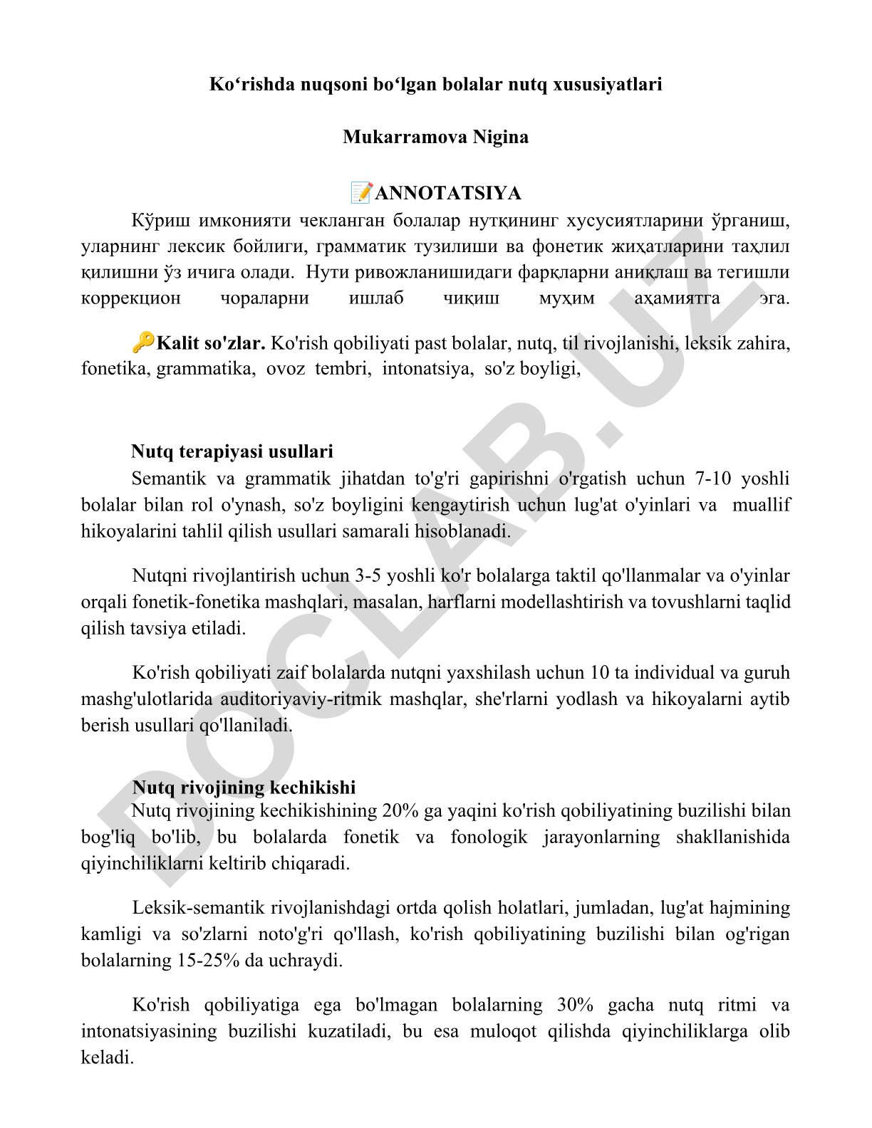 Ko'rishda nuqsoni bo'lgan bolalar nutq xususiyatlari