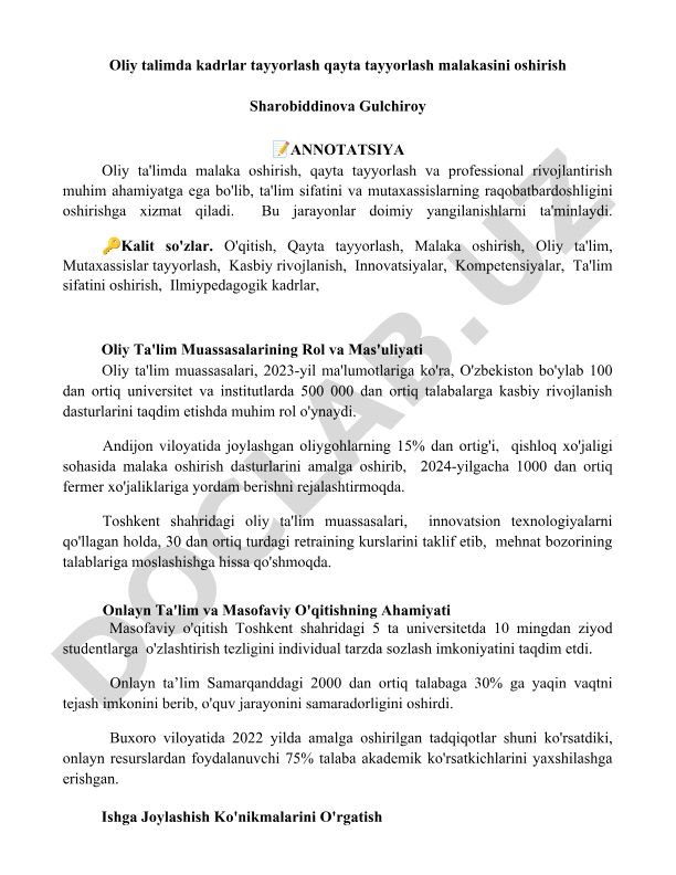 Oliy ta'limda kadrlar tayyorlash, qayta tayyorlash va malaka oshirish