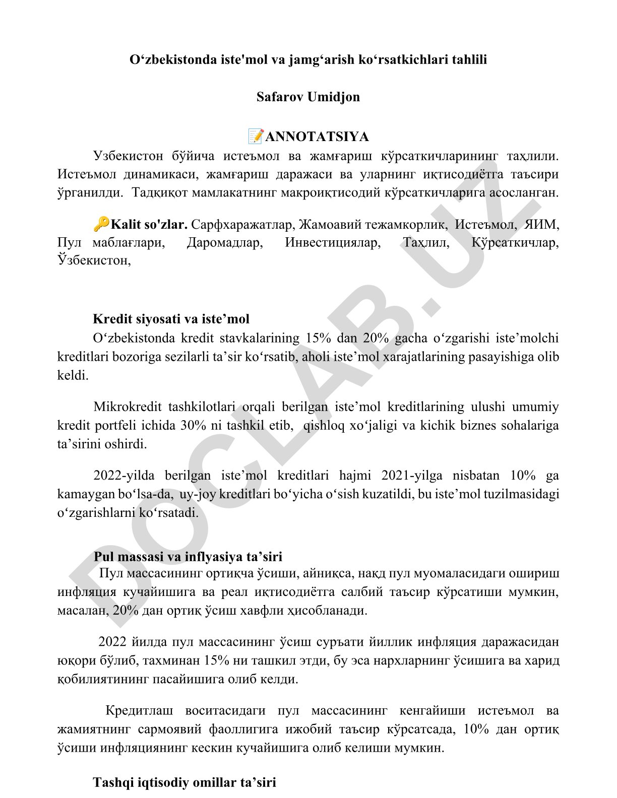 O‘zbekistonda iste'mol va jamg‘arish ko‘rsatkichlari tahlili
