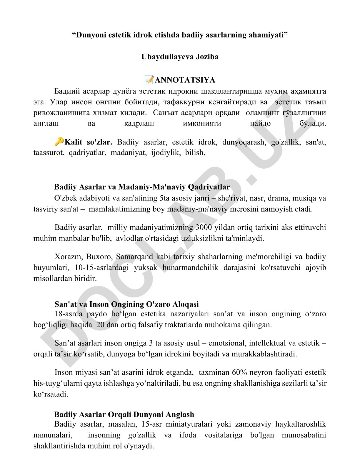 Dunyoni estetik idrok etishda badiiy asarlarning ahamiyati