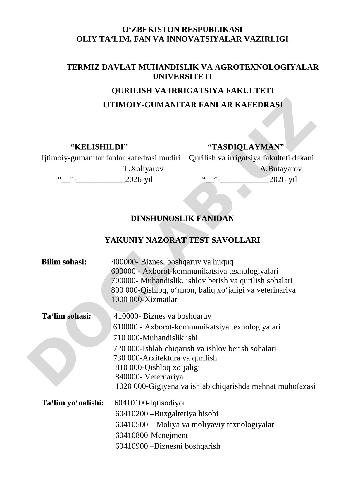 Dinshunoslik fanidan yakuniy nazorat test savollari