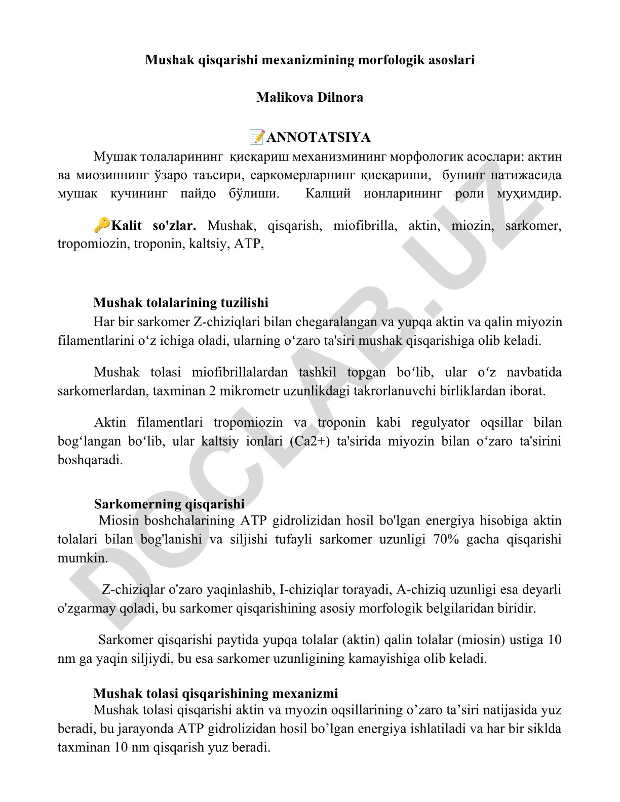 Mushak qisqarishi mexanizmining morfologik asoslari
