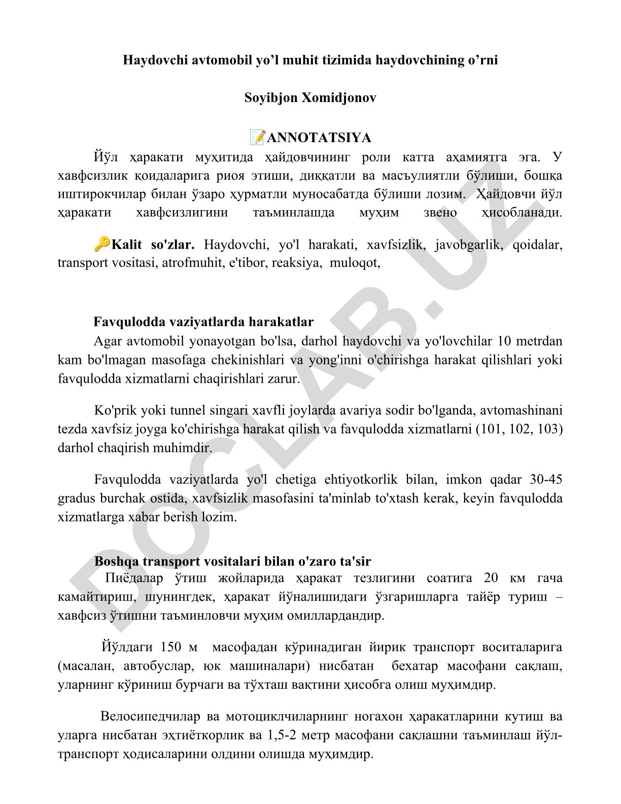 Yo'l harakati muhitida haydovchining roli va xavfsizlik qoidalari