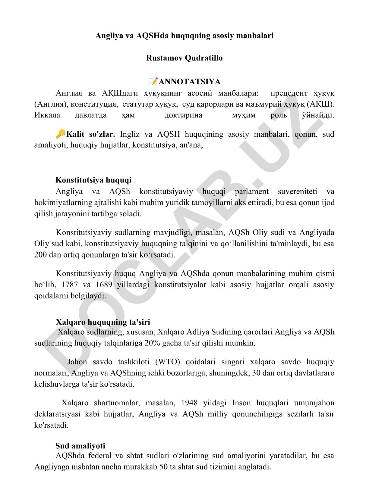 Angliya va AQShda huquqning asosiy manbalari