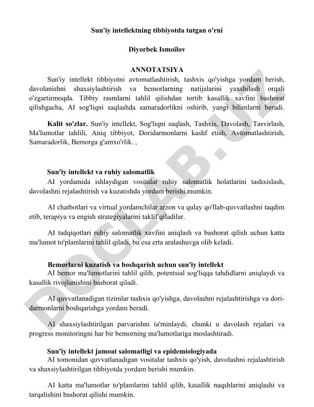 Sun'iy intellektning tibbiyotda tutgan o'rni