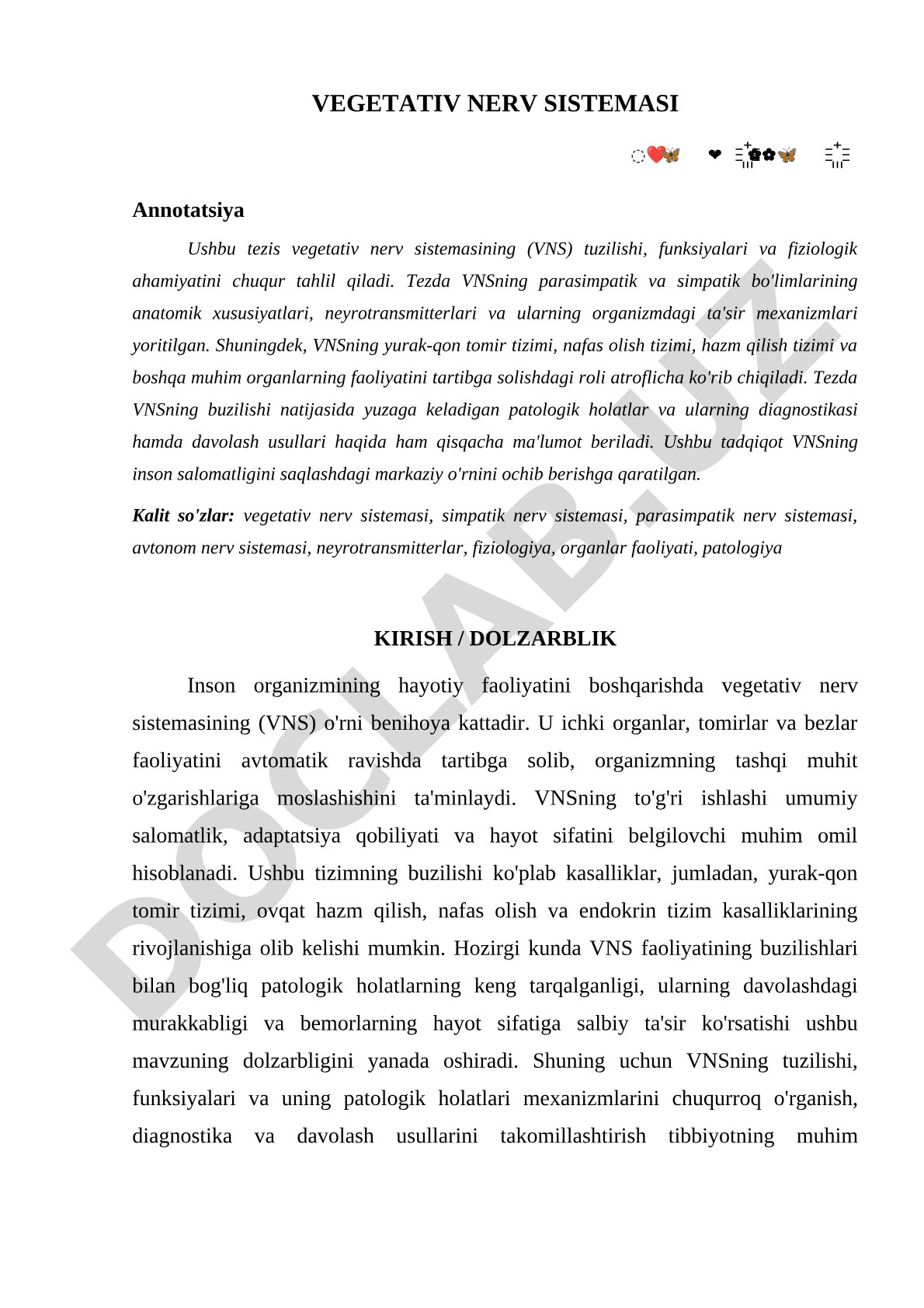 Vegetativ nerv sistemasining tuzilishi, funksiyalari va fiziologik ahamiyati