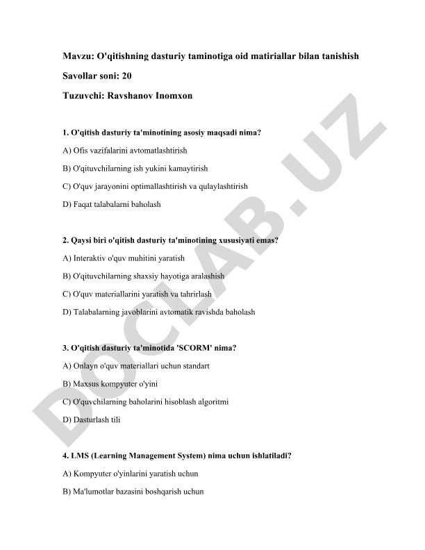 O'qitishning dasturiy taminotiga oid matiriallar bilan tanishish