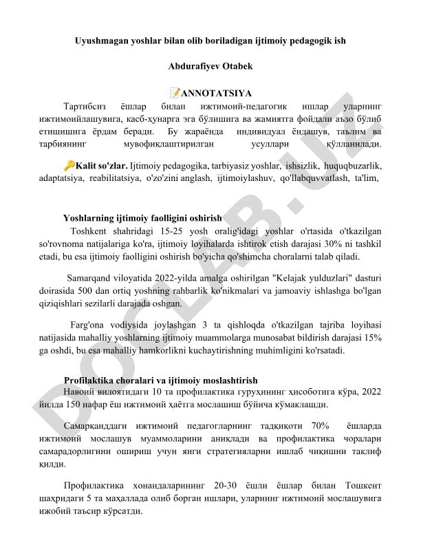 Uyushmagan yoshlar bilan olib boriladigan ijtimoiy pedagogik ish