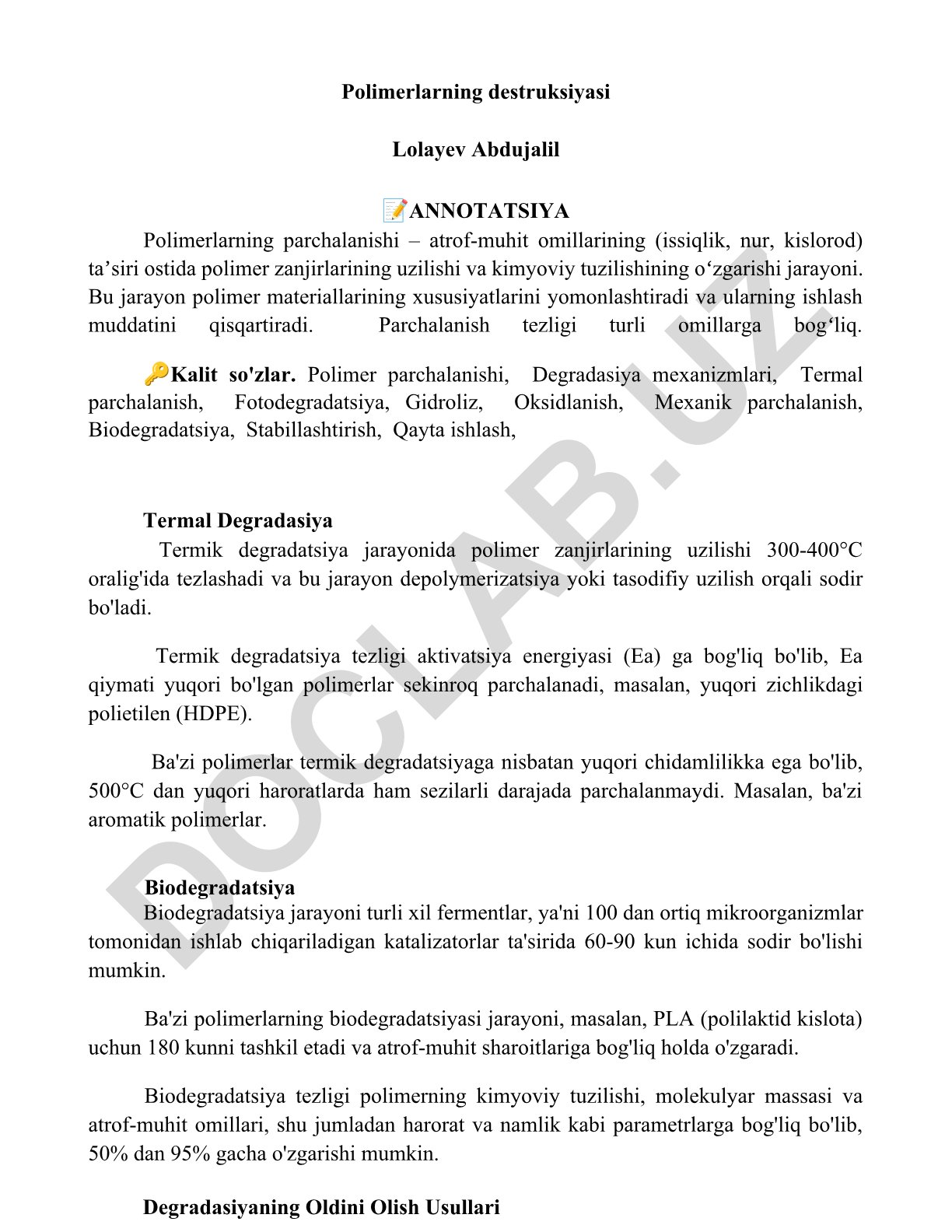 Polimerlarning destruksiyasi